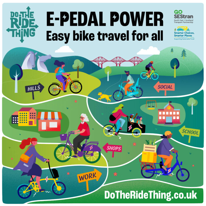 Illustrated across a vibrant cartoon landscape are diverse scenes depicting the versatility of biking, showcasing individuals riding various types of e-bikes, including e-bikes, cargo bikes, and adaptive cycles, to complete different types of journeys.