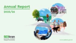 Cover of the SEStran Annual Report 2025/26. The design features a collage of transport and community scenes, including a bus, cyclist, train passengers, a car, pedestrians and a streetscape with housing, connected by soft flowing shapes. The title “Annual Report 2025/26” appears at the top left, with the SEStran logo at the bottom left and the SEStran website address at the bottom right. The colour palette is predominantly green, blue and grey.